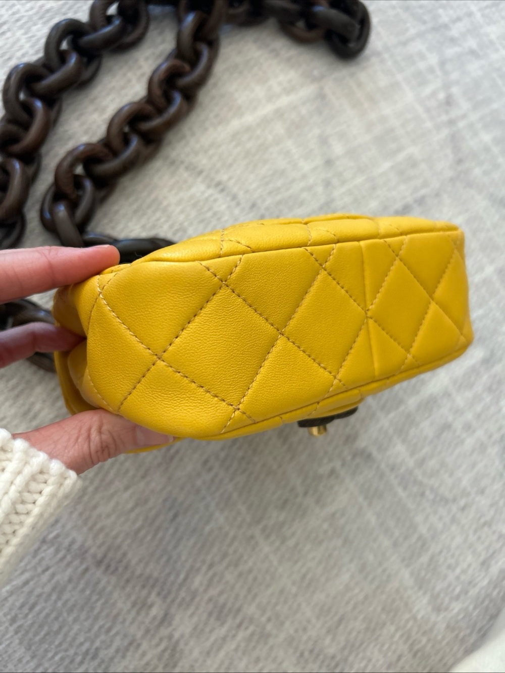 CHANEL Yellow Quilted Mini Flap Bag with Dark Wood Brown Chunky Chain - Picture 5 of 7